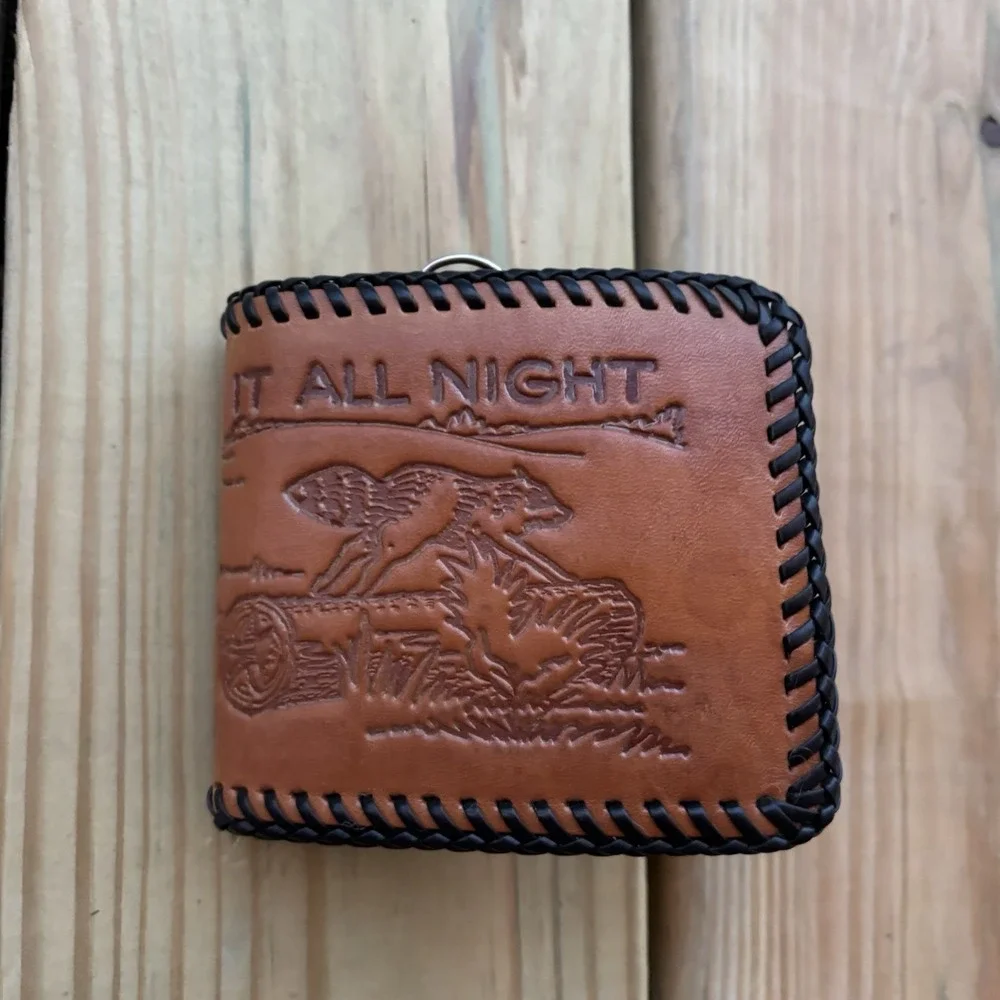 Vintage Handmade Leather Wallet Coon Hunting Bifold Hand Tooled Whipstitch USA